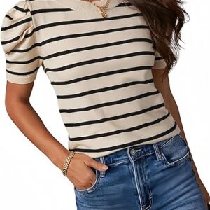 Dokotoo Women's Short Puff Sleeve Knit Tops 2025 Trendy Crewneck Striped T Shirts Casual Summer Blouses